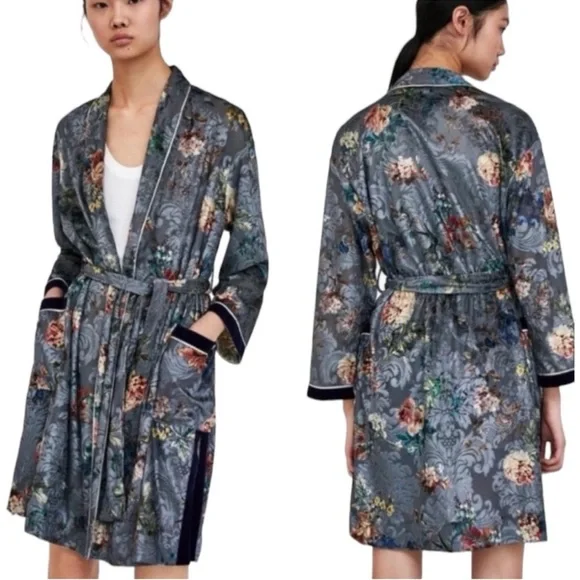ZARA Floral Jacquard Kimono Robe Kaftan Gray Belted Boho Luxe Lounge Size Small